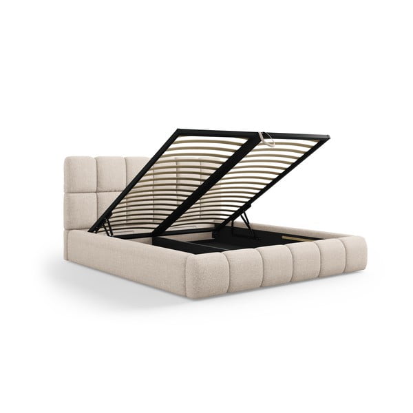 Pat matrimonial bej tapițat cu spațiu de depozitare cu somieră 180x200 cm Bellis – Micadoni Home-image-2