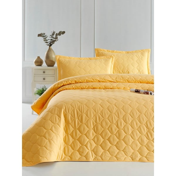 Cuvertură de pat cu 2 fețe de pernă din bumbac ranforce EnLora Home Fresh, 225 x 240 cm, galben
