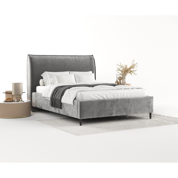 Pat matrimonial gri tapițat cu spațiu de depozitare cu somieră 140x200 cm Shell – Maison de Rêve-image-1