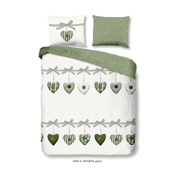 Lenjerie de pat din bumbac, verde, Good Morning Hearts, 135 x 200 cm