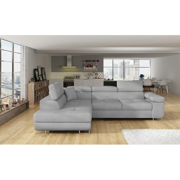 Colțar gri deschis extensibil/cu spațiu de depozitare cu tapițerie din catifea (cu colț pe partea stângă/în formă de ”L”) Anton – ELTAP-image-1