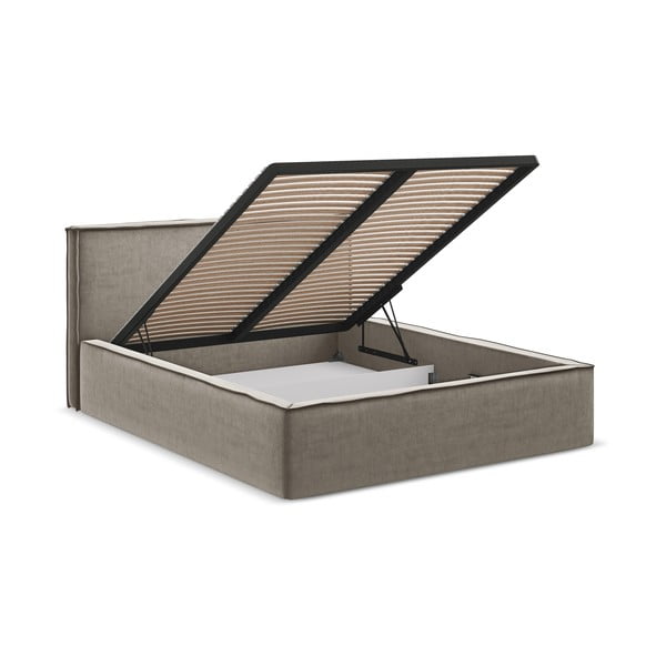Pat matrimonial taupe tapițat cu spațiu de depozitare cu somieră 180x200 cm Anani – Makamii-image-2