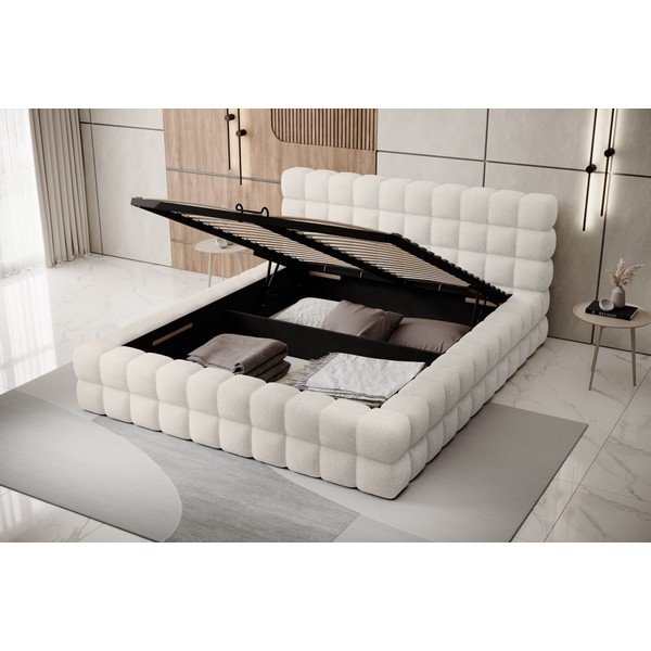Pat matrimonial alb tapițat cu spațiu de depozitare cu somieră 140x200 cm Dizzle – ELTAP-image-2