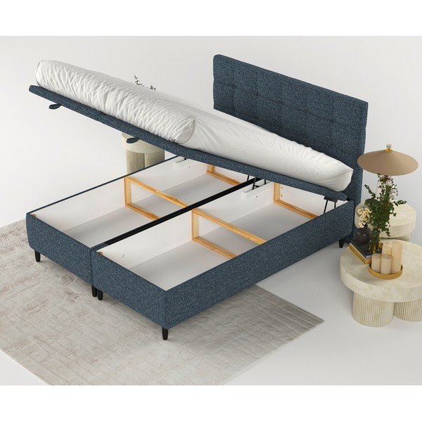 Pat matrimonial albastru închis tapițat cu spațiu de depozitare 180x200 cm Senses – Maison de Rêve-image-2