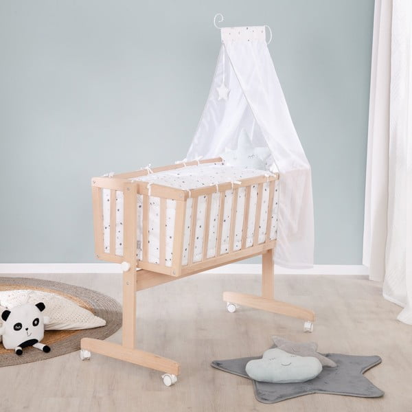 Pătuț leagăn  în culoare naturală din lemn de fag cu roți/cu baldachin 40x90 cm – Roba-image-4