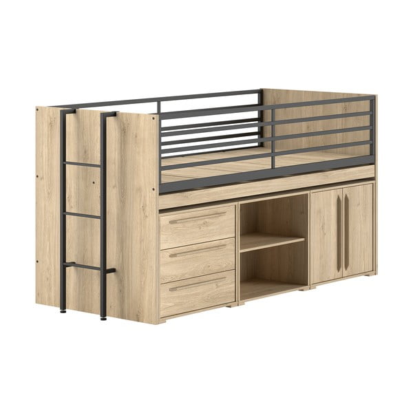 Pat pentru copii  în culoare naturală înalt cu spațiu de depozitare cu somieră 90x200 cm Sam – Vipack