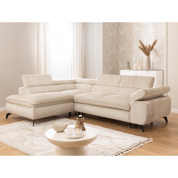 Colțar bej cu tapițerie din catifea reiată  (cu colț pe partea stângă/în formă de ”L”) Marbeya  – Ropez-image-1