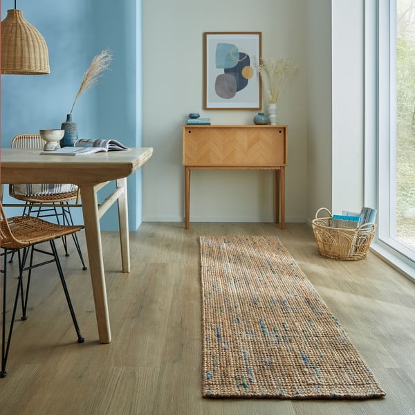 Covor tip traversă albastru/în culoare naturală țesut manual din iută 60x230 cm Jute Boucle Blue – Flair Rugs-image-1