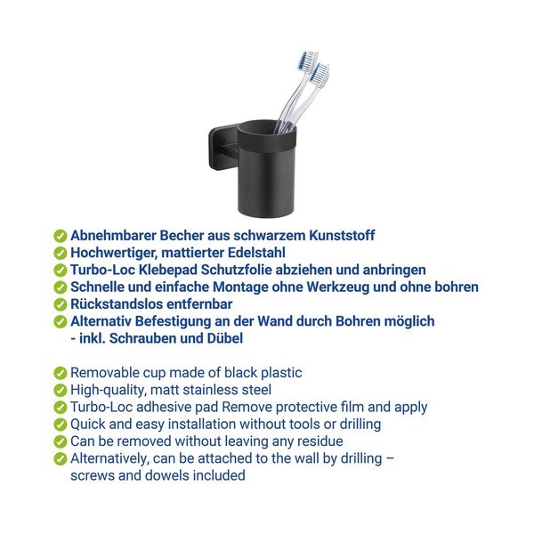 Suport pentru periuța de dinți negru mat autoadeziv cu Turbo-Loc din oțel inoxidabil Porto – Wenko-image-2