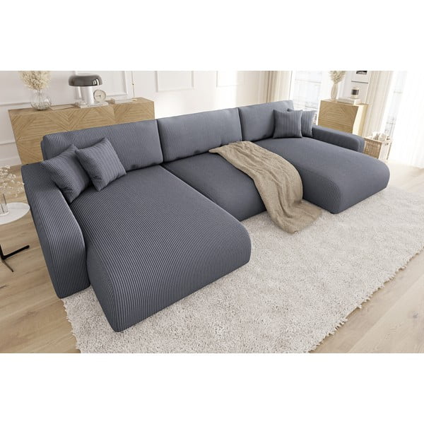 Colțar gri închis extensibil, cu spațiu de depozitare, cu tapițerie din catifea reiată Sara – Ropez-image-3