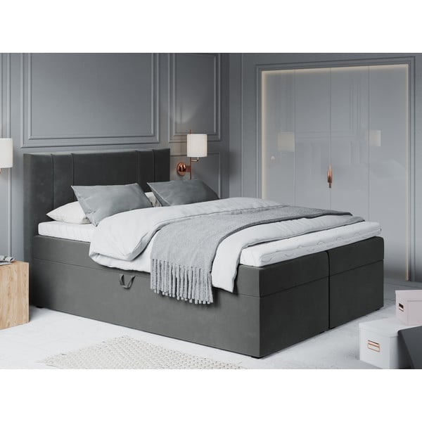 Pat boxspring 200x200 cm gri închis cu spațiu de depozitare Afra – Mazzini Beds-image-1