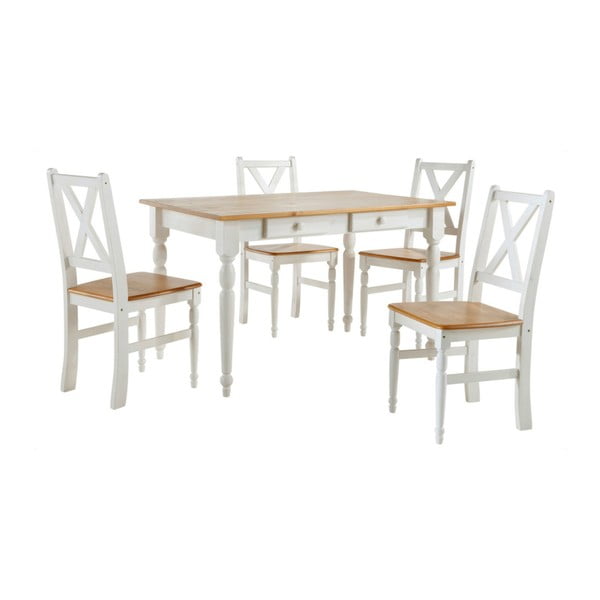 Set 4 scaune și masă din lemn, Støraa Normann, 105 x 80 cm, cadru alb, blat natural