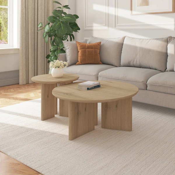 Măsuță de cafea în culoare naturală rotundă cu blat cu aspect de lemn de stejar ø 80 cm Chatham – Støraa-image-1