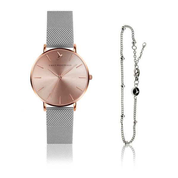 Set ceas damă și brățară Emily Westwood Rosa, argintiu-roz