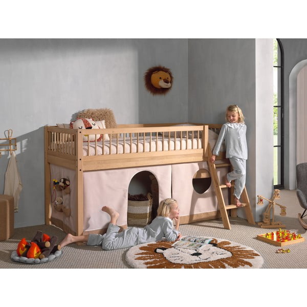 Pat pentru copii  în culoare naturală înalt din lemn de stejar 90x200 cm Forrest – Vipack-image-1