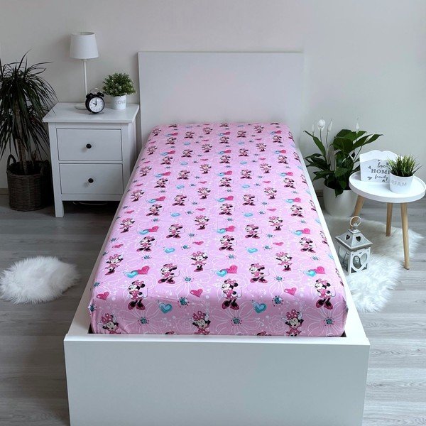 Cearceaf pentru copii roz din bumbac cu elastic 90x200 cm Minnie "Flowers" – Jerry Fabrics-image-1