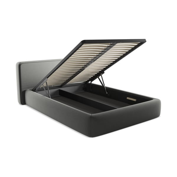 Pat matrimonial gri tapițat cu spațiu de depozitare cu somieră 140x200 cm Kiana – Makamii-image-3