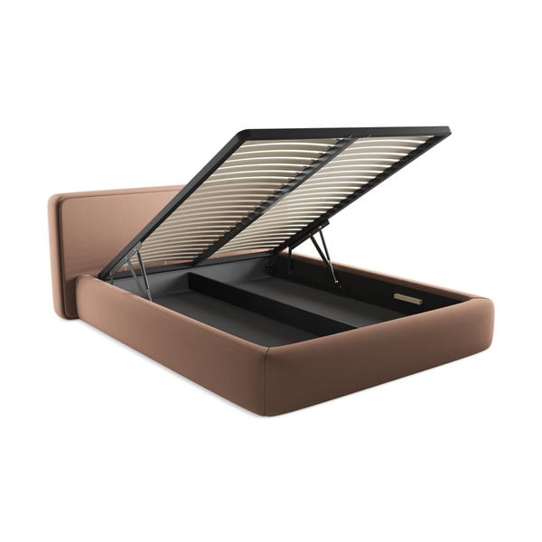 Pat matrimonial roz deschis tapițat cu spațiu de depozitare cu somieră 160x200 cm Kiana – Makamii-image-3