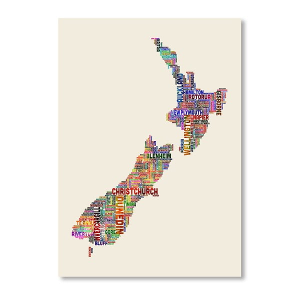 Poster cu hartă Noua Zeelanda Americanflat Text, 60 x 42 cm, multicolor