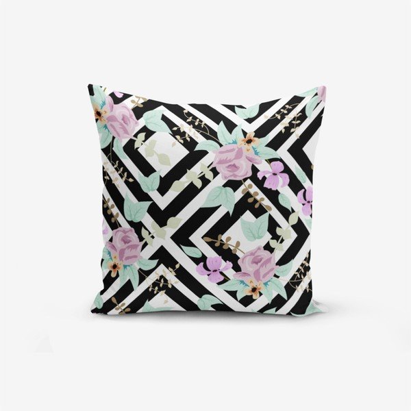 Față de pernă cu amestec din bumbac Minimalist Cushion Covers Black White Labirent Soyut Flower, 45 x 45 cm