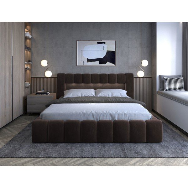 Pat matrimonial maro închis tapițat cu spațiu de depozitare cu somieră 160x200 cm Lamica – ELTAP-image-2