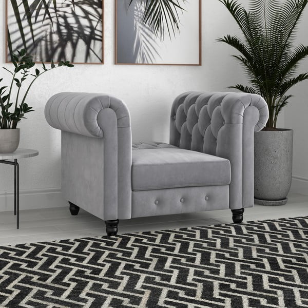 Fotoliu gri deschis chesterfield cu tapițerie din catifea Felix – Støraa-image-1
