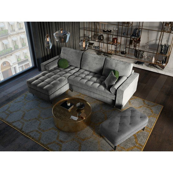 Colțar extensibil din catifea cu șezlong stânga Milo Casa Santo, gri deschis-image-1