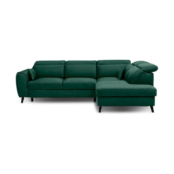 Colțar verde extensibil/cu spațiu de depozitare cu tapițerie din catifea (cu colț pe partea dreaptă/în formă de ”L”) Noble – ELTAP