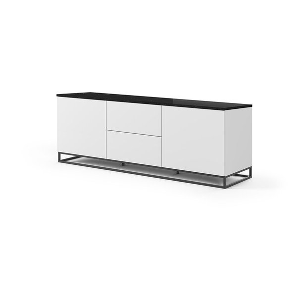 Comodă TV albă cu blat cu aspect de marmură neagră și picioare negre TemaHome Join, 180 x 65 cm-image-2