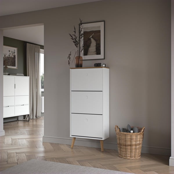 Pantofar cu detalii în decor de stejar și 3 compartimente Tenzo Dot, alb-image-1