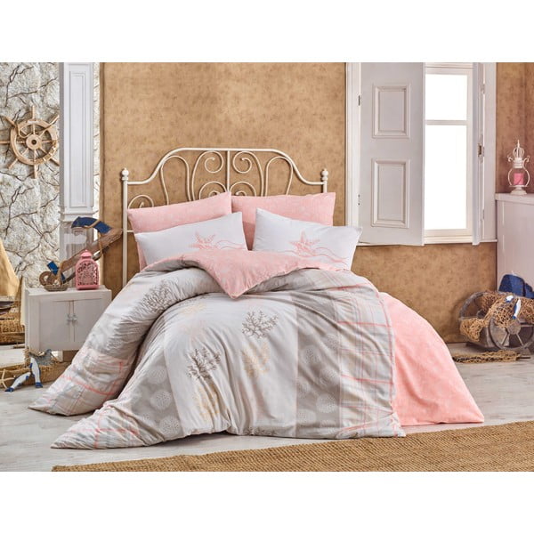 Lenjerie de pat dublu  roz-crem din bumbac extinsă  cu cearșaf și cuvertură 240x260 cm Fulvia – Mijolnir