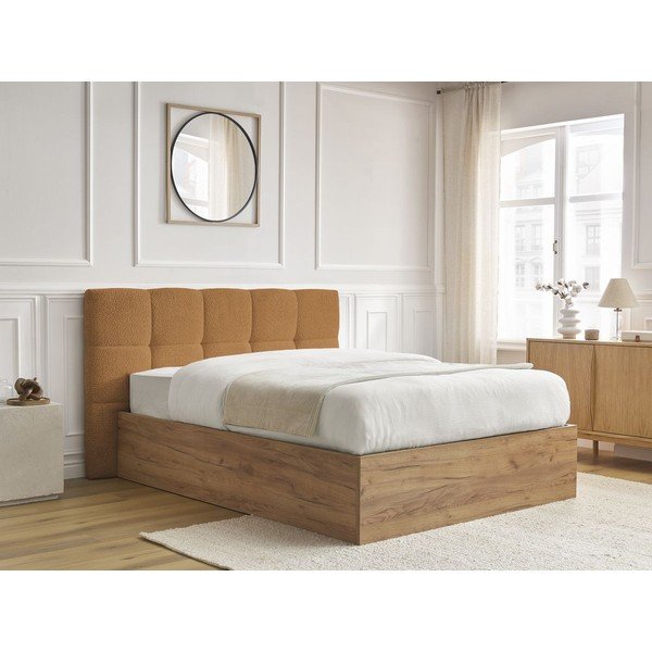 Pat matrimonial galben ocru tapițat/din  placă aglomerată de lemn tapițat cu spațiu de depozitare cu somieră 160x200 cm Kumo – Bobochic Paris-image-2