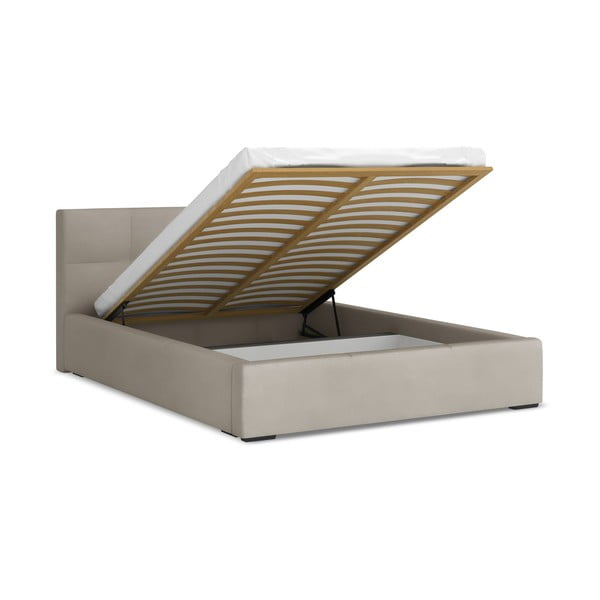 Pat matrimonial taupe tapițat din catifea cu spațiu de depozitare cu somieră 140x200 cm Hiko – Makamii-image-1