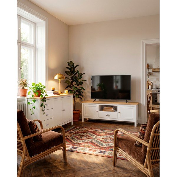 Comodă TV  alb/natural din lemn de pin 158x53 cm Misti – Marckeric-image-1