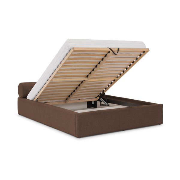 Pat matrimonial maro tapițat cu spațiu de depozitare cu somieră 200x200 cm Cille – Ropez-image-2