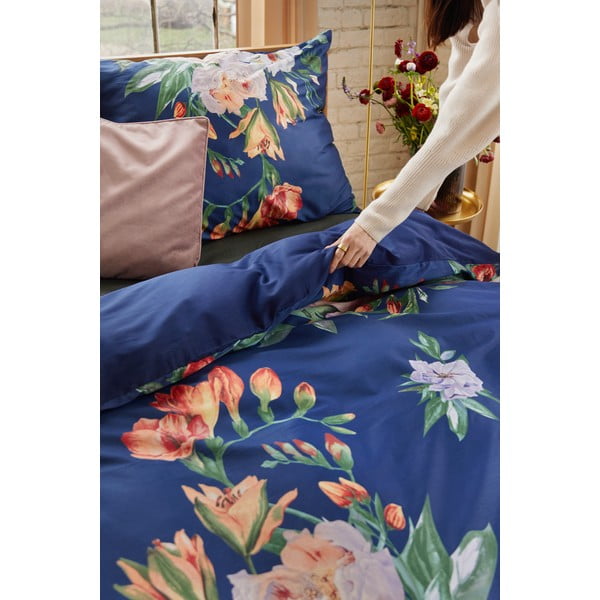 Lenjerie de pat din bumbac satinat pentru pat dublu Bonami Selection Floret, 200 x 220 cm, albastru marin-image-3