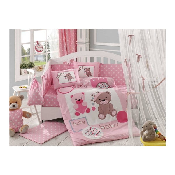 Lenjerie de pat cu cearșaf pentru copii Ponpon Pink, 100 x 150 cm