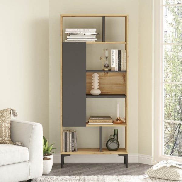 Bibliotecă gri/cu aspect de lemn de stejar 72x163 cm Eugene – Kalune Design-image-1
