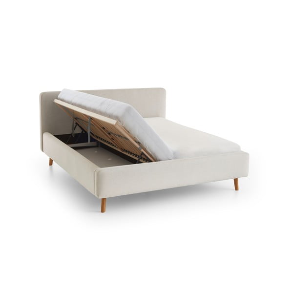 Pat matrimonial crem tapițat cu spațiu de depozitare cu somieră 160x200 cm Mattis – Meise Möbel-image-3