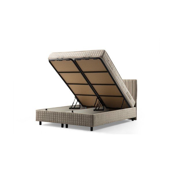 Pat matrimonial bej tapițat cu spațiu de depozitare cu somieră 140x200 cm Safir – Kalune Design-image-2