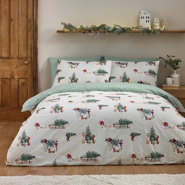 Lenjerie de pat verde/în culoare naturală din flanelă pentru pat dublu 200x200 cm Brushed Christmas Dogs – Catherine Lansfield