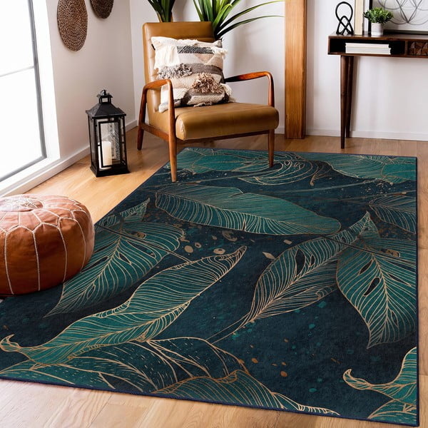 Covor tip traversă culoare petrol lavabil 80x200 cm Midnight Jungle – Mila Home-image-1
