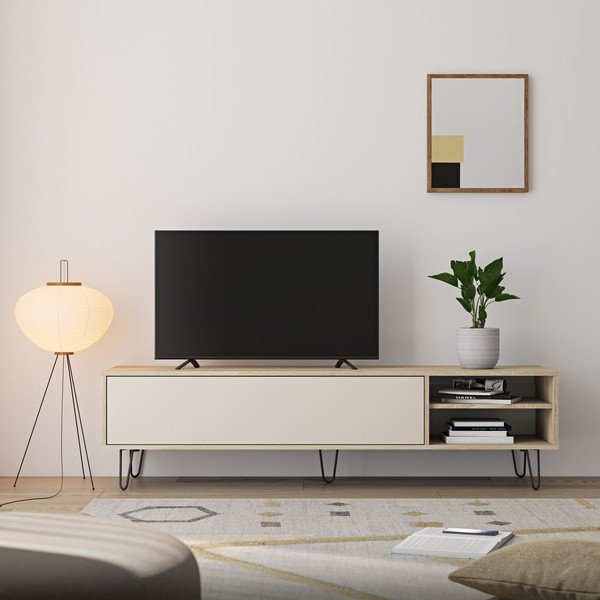 Masă TV crem  cu aspect de lemn de stejar 165x44 cm Aero - TemaHome -image-1
