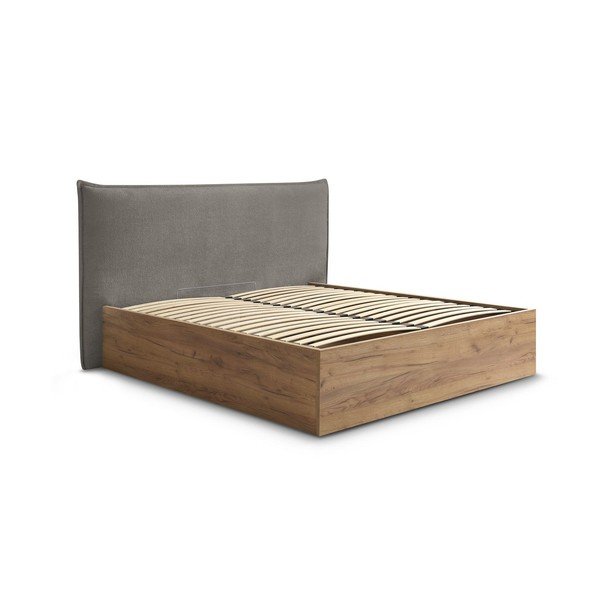 Pat matrimonial gri/taupe tapițat/din  placă aglomerată de lemn tapițat cu spațiu de depozitare cu somieră 180x200 cm Charlie – Bobochic Paris