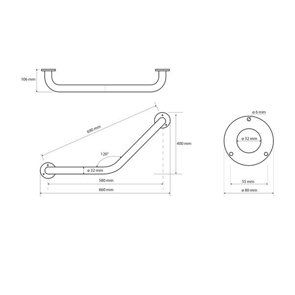 Mâner de siguranță pentru baie de montat pe perete din oțel inoxidabil 66 cm Handicap 120° – Sapho-image-1