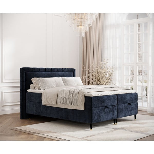 Pat boxspring albastru închis cu spațiu de depozitare 200x200 cm Voyage – Maison de Rêve-image-1