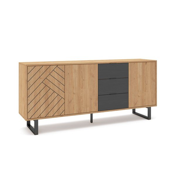 Comodă gri antracit/natural joasă cu aspect de lemn de stejar 180x80 cm Madona – Marckeric-image-4