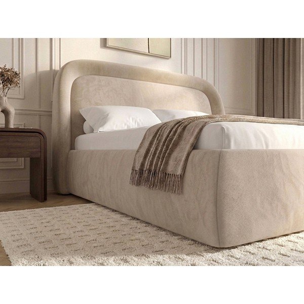 Pat matrimonial bej tapițat cu spațiu de depozitare cu somieră 160x200 cm Sam – Bobochic Paris-image-3