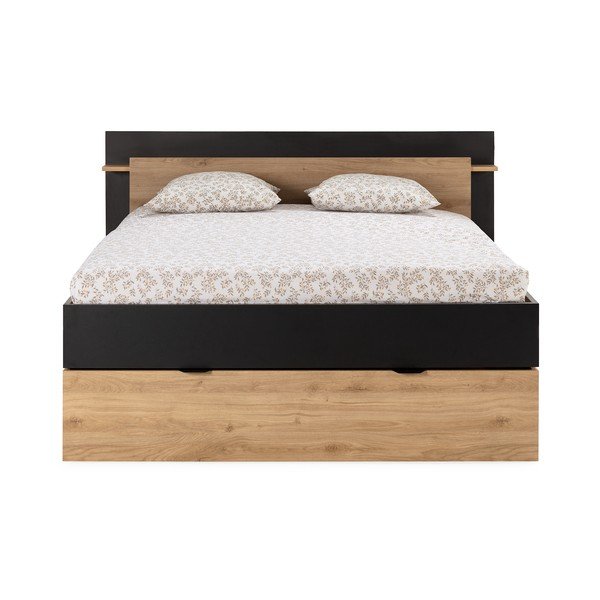 Pat matrimonial negru/în culoare naturală cu aspect de lemn de stejar cu spațiu de depozitare fără somieră 140x190 cm Albo – Marckeric-image-4