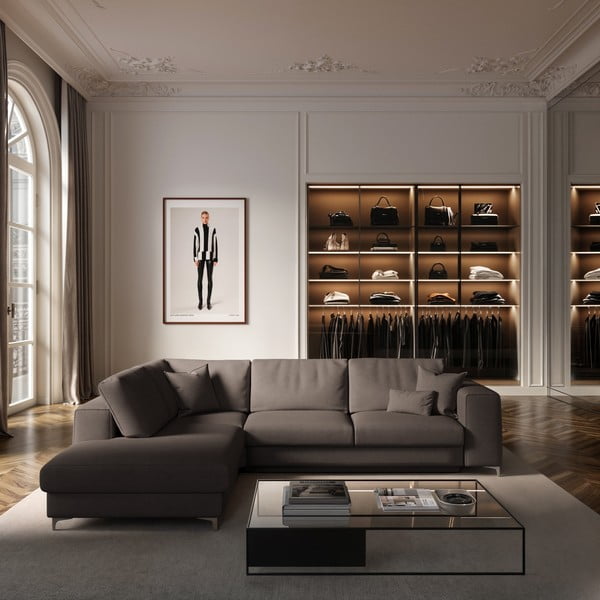 Colțar taupe extensibil, cu spațiu de depozitare cu tapițerie din catifea (cu colț pe partea stângă, în formă de ”L”) Rene – Rodier-image-1